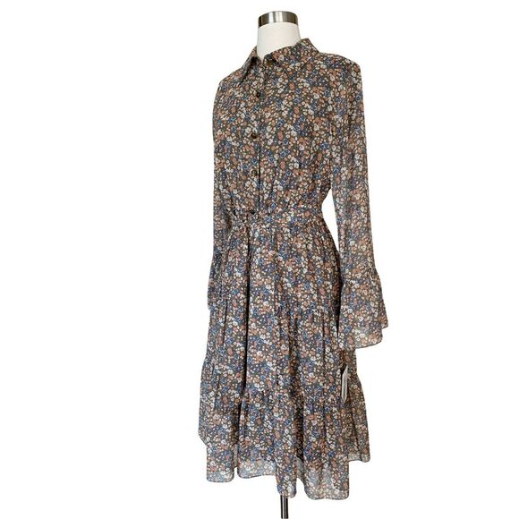 MIKAEL AGHAL Floral Shirt Dress Button Down Midi Crepe Chiffon Belt Tiered 6 NWT - Picture 2 of 12